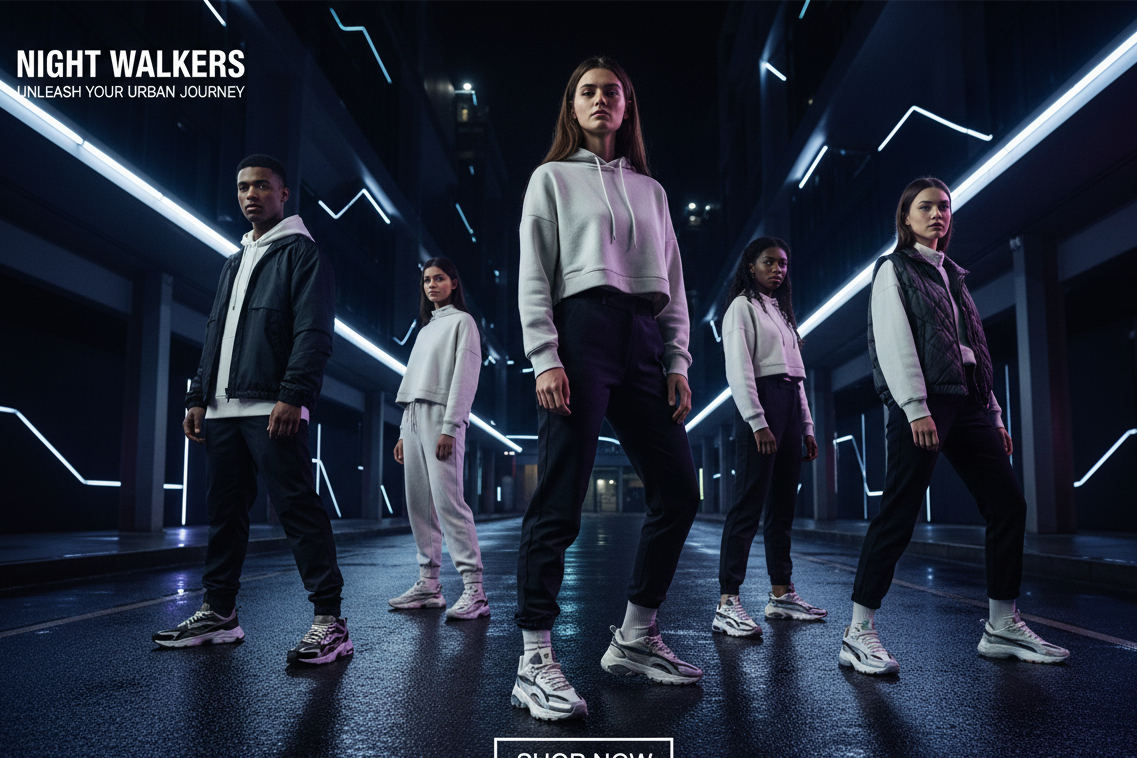 Portada publicitaria responsive para tienda online de zapatillas urbanas. Escena urbana nocturna en una calle moderna con luces neón sutiles en tonos blanco y negro brillante, con acentos fríos. Grupo de varios modelos jóvenes, hombres y mujeres, posando con actitud segura y estilo streetwear contemporáneo. Ropa urbana premium minimalista, zapatillas deportivas como protagonistas principales. Iluminación dramática cinematográfica, alto contraste, fondo oscuro limpio. Composición centrada en español