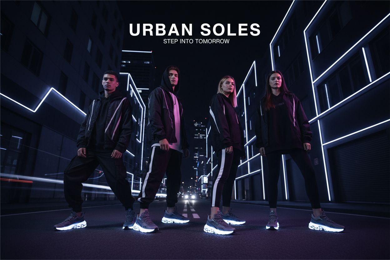 Portada publicitaria responsive para tienda online de zapatillas urbanas. Escena urbana nocturna en una calle moderna con luces neón sutiles en tonos blanco y negro brillante, con acentos fríos. Grupo de varios modelos jóvenes, hombres y mujeres, posando con actitud segura y estilo streetwear contemporáneo. Ropa urbana premium minimalista, zapatillas deportivas como protagonistas principales. Iluminación dramática cinematográfica, alto contraste, fondo oscuro limpio. Composición centrada, sujetos ubicados e