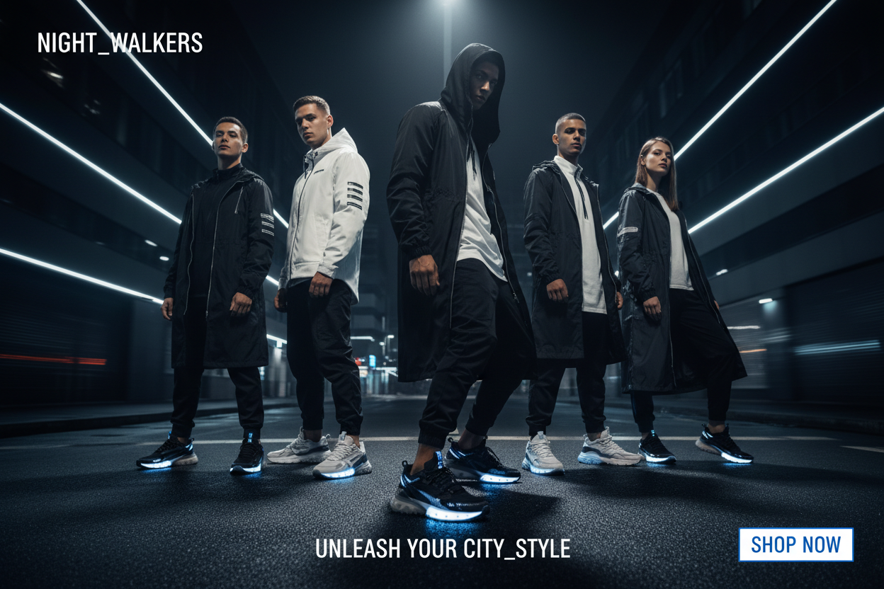 Portada publicitaria responsive para tienda online de zapatillas urbanas. Escena urbana nocturna en una calle moderna con luces neón sutiles en tonos blanco y negro brillante, con acentos fríos. Grupo de varios modelos jóvenes, hombres y mujeres, posando con actitud segura y estilo streetwear contemporáneo. Ropa urbana premium minimalista, zapatillas deportivas como protagonistas principales. Iluminación dramática cinematográfica, alto contraste, fondo oscuro limpio. Composición centrada, sujetos ubicados e