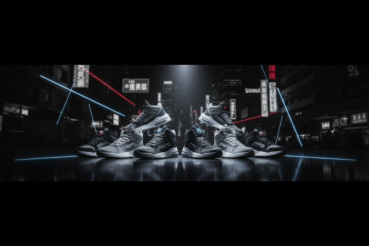 Portada web horizontal para tienda online de zapatillas urbanas. Formato panorámico 2:1. Escena urbana nocturna con luces neón negras y blancas brillantes. Grupo de modelos jóvenes (hombres y mujeres) con estilo streetwear moderno, zapatillas protagonistas. Sujetos colocados en el centro del encuadre. Fondo oscuro con iluminación dramática. Amplio espacio negativo a los lados para texto. Fotografía publicitaria profesional, ultra realista, alta resolución, pensada para banner de página web en desktop y mobi